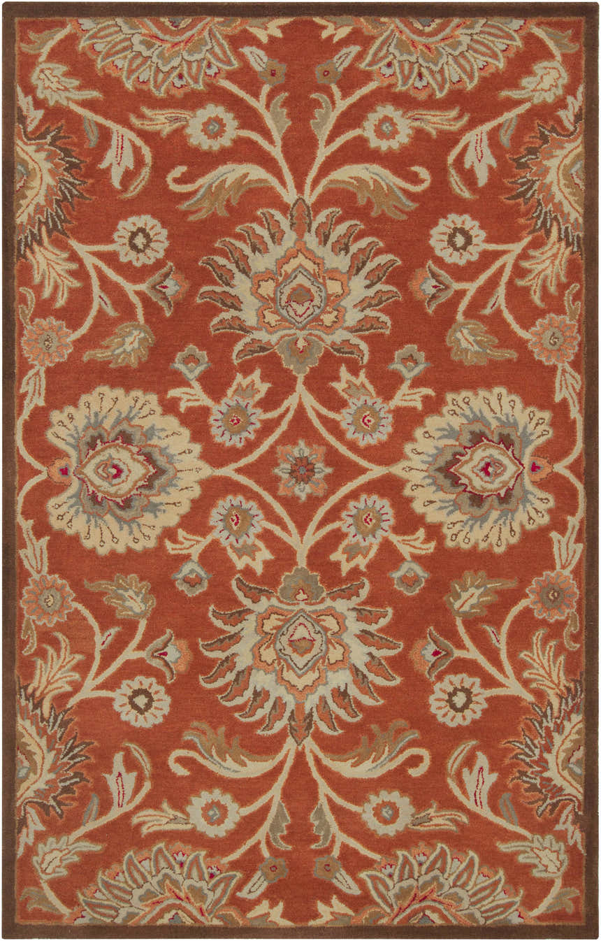 Close-up of the Conesus Hand Tufted Rust 1062 Area Rug, featuring a traditional floral pattern in brick red, tan, and brown. Design-Rectangle-58