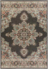 Close-up of the Roseglen Area Rug. Black background with brick red, brown, sage, and white floral and geometric oriental design. Design-Rectangle-76109