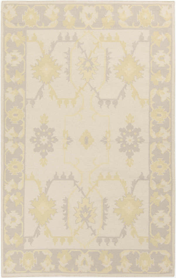 Hand-woven Rosemont Area Rug in wool. Contemporary style with a cream, gray, and yellow floral pattern. Design-Rectangle-58