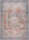Close-up of the Rosman Distressed Washable Area Rug. Traditional oriental design in beige, brick red, blue, and gray hues. Design-Rectangle
