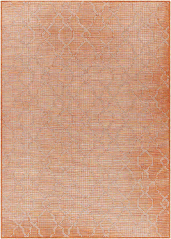 Close-up of Rowde Flatweave Area Carpet in burnt orange with a geometric trellis pattern. Polypropylene, machine woven. Design-Rectangle-537