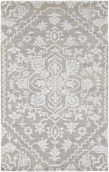 Close-up of Roxobel Clearance Rug. Light gray rug with traditional white floral and geometric pattern. Hand-knotted texture. Design-Rectangle-576