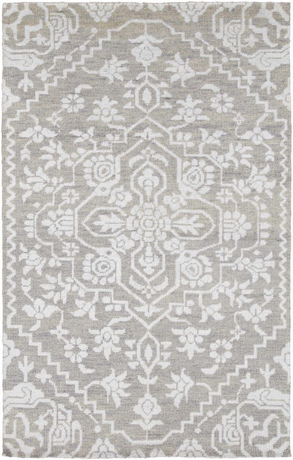 Close-up of Roxobel Clearance Rug. Light gray rug with traditional white floral and geometric pattern. Hand-knotted texture. Design-Rectangle-576