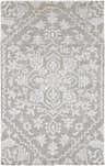 Close-up of Roxobel Clearance Rug. Light gray rug with traditional white floral and geometric pattern. Hand-knotted texture. Design-Rectangle-576