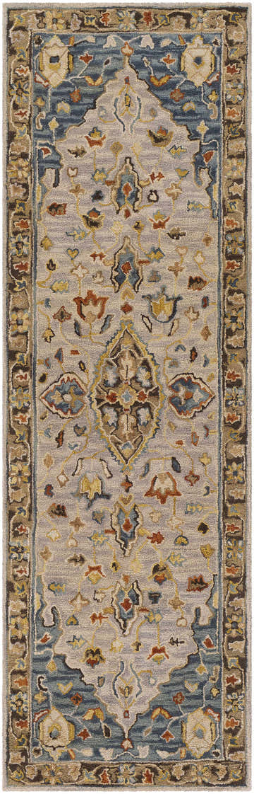Close-up of the Rozel Area Rug, a wool runner with a traditional oriental pattern in brown, teal, and dusty sage. Hand-tufted texture. Design-Runner-268