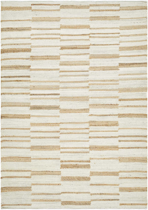 Close-up of the Rimbo Area Rug. Cream and tan jute rug with a hand woven, horizontal stripe pattern. Design-Rectangle-576