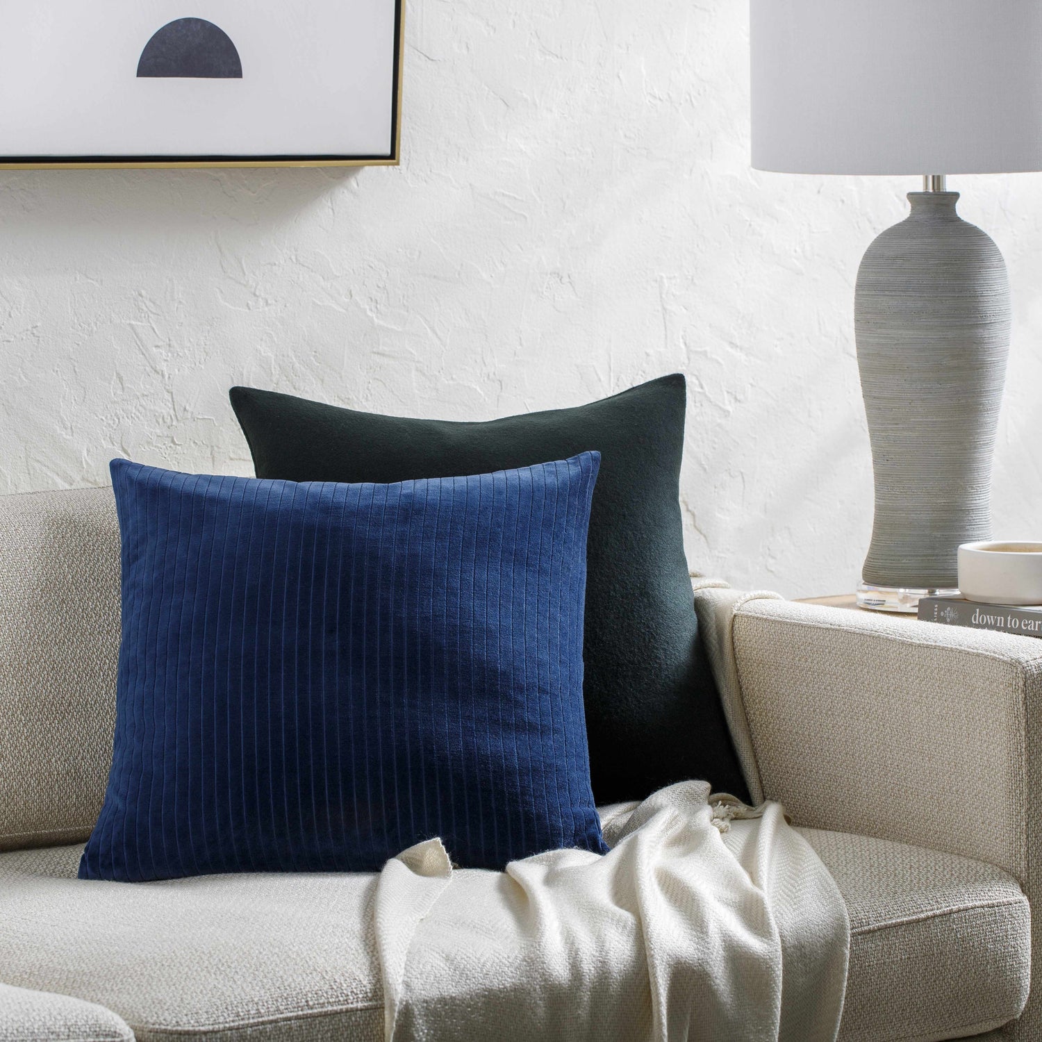 Navon Navy Horizontal Ribbed Stripe Modern Cotton Velvet Accent Pillow