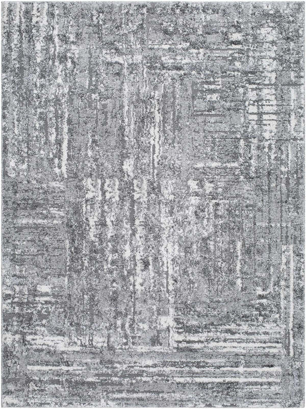 Close-up of the Roald Gray Area Rug. Features a textured, abstract pattern in gray, light silver, and silver gray tones. Design-Rectangle-5373