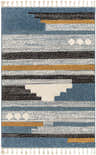 Close-up of Rosslare Area Rug. Polypropylene rug with blue, black, camel, and off-white geometric pattern and tassels. Design-Rectangle-537