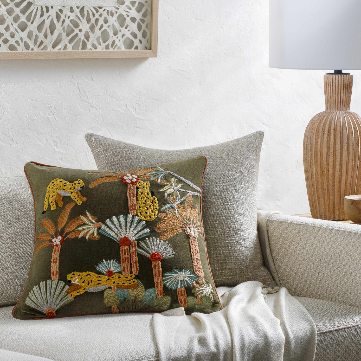 Verdan Dark Green Modern Botanical Floral Cotton Accent Pillow - Clearance