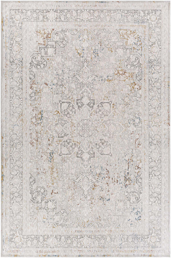 Close-up of the Eley Traditional Area Rug, showcasing its intricate bohemian pattern in light gray, taupe, and subtle brick red. Design-Rectangle-6796