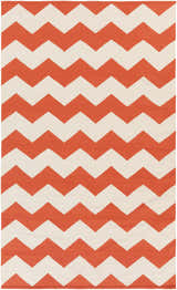 Close-up of the Runnemede Area Rug. Hand woven cotton rug with a coral and cream chevron pattern. Contemporary style. Design-Rectangle-58