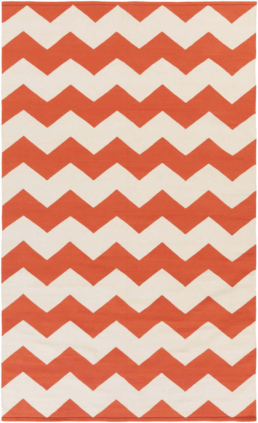 Close-up of the Runnemede Area Rug. Hand woven cotton rug with a coral and cream chevron pattern. Contemporary style. Design-Rectangle-58