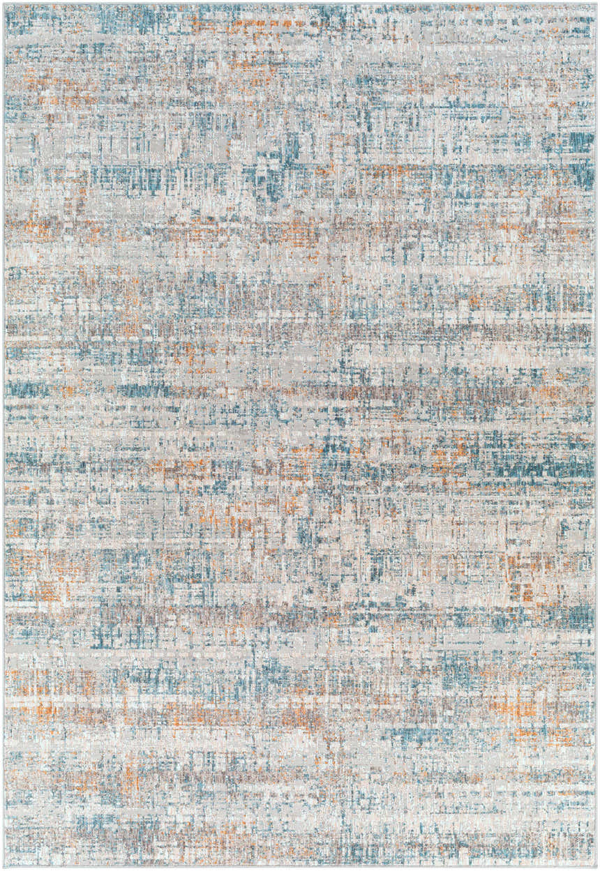 Close-up of Runa Area Rug with a contemporary design in blue, brown, gray, and mustard hues. Abstract pattern and machine-woven texture. Design-Rectangle-573