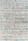 Close-up of Runa Area Rug with a contemporary design in blue, brown, gray, and mustard hues. Abstract pattern and machine-woven texture. Design-Rectangle-573