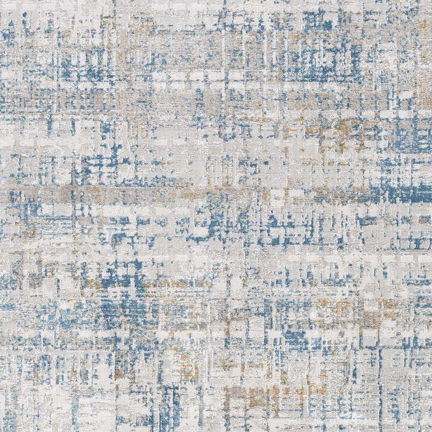 Close-up of the Runa Area Rug featuring a contemporary abstract pattern in blue, brown, gray, and off-white. Swatch