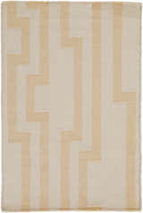Close-up of the Rushden Area Carpet, a hand-woven wool rug with a contemporary oatmeal and tan geometric pattern. Design-Rectangle-23