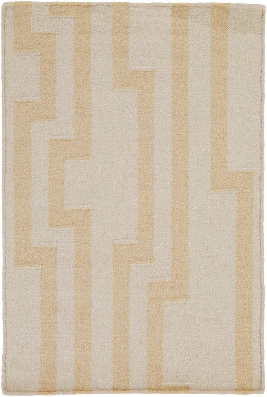 Close-up of the Rushden Area Carpet, a hand-woven wool rug with a contemporary oatmeal and tan geometric pattern. Design-Rectangle-23