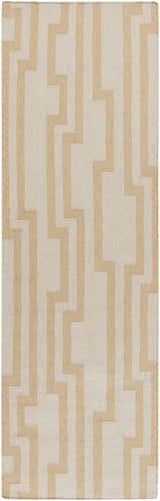 Close-up of the Rushden Area Carpet. Oatmeal and tan 100% wool rug with a contemporary geometric pattern. Hand woven texture. Design-Runner-268