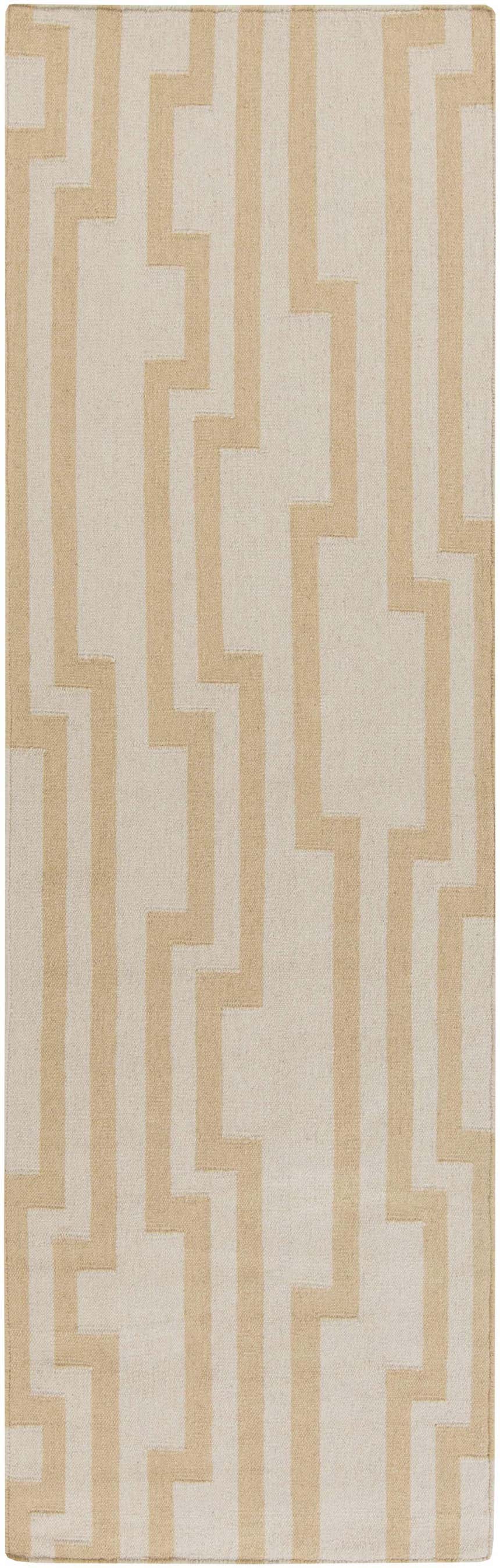 Close-up of the Rushden Area Carpet. Oatmeal and tan 100% wool rug with a contemporary geometric pattern. Hand woven texture. Design-Runner-268