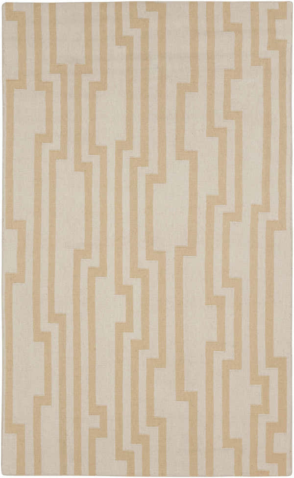 Close-up of Rushden Area Carpet. Oatmeal and tan 100% wool rug with a contemporary geometric pattern. Hand woven texture. Design-Rectangle-58