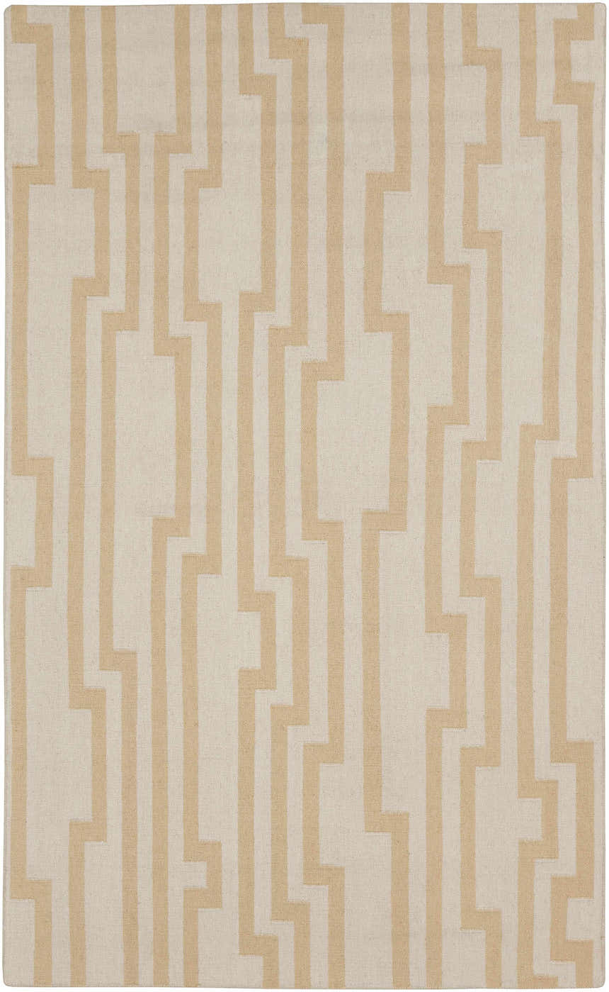 Close-up of Rushden Area Carpet. Oatmeal and tan 100% wool rug with a contemporary geometric pattern. Hand woven texture. Design-Rectangle-58