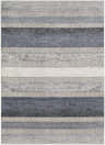 Close-up of Ravendale Area Rug. Modern striped design in cream, gray, and slate. Machine-woven polypropylene rug. Design-Rectangle-5373