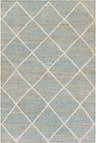 Close-up of the Ravenna Jute Rug, featuring a geometric diamond pattern in light blue and cream. Hand woven texture. Design-Rectangle-576