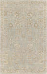 Close-up of the hand-knotted Ravenshead Area Rug. Oriental design in dusty sage, light beige, taupe and yellow. Design-Rectangle-69