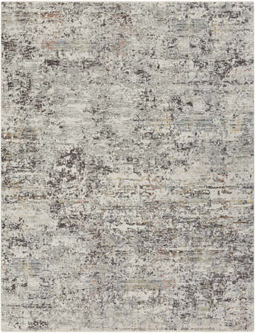 Close-up of the Riverhead Carved Statement Rug. Abstract design in ivory, gray, charcoal, and hints of blue, orange, and sage. Design-Rectangle-710103