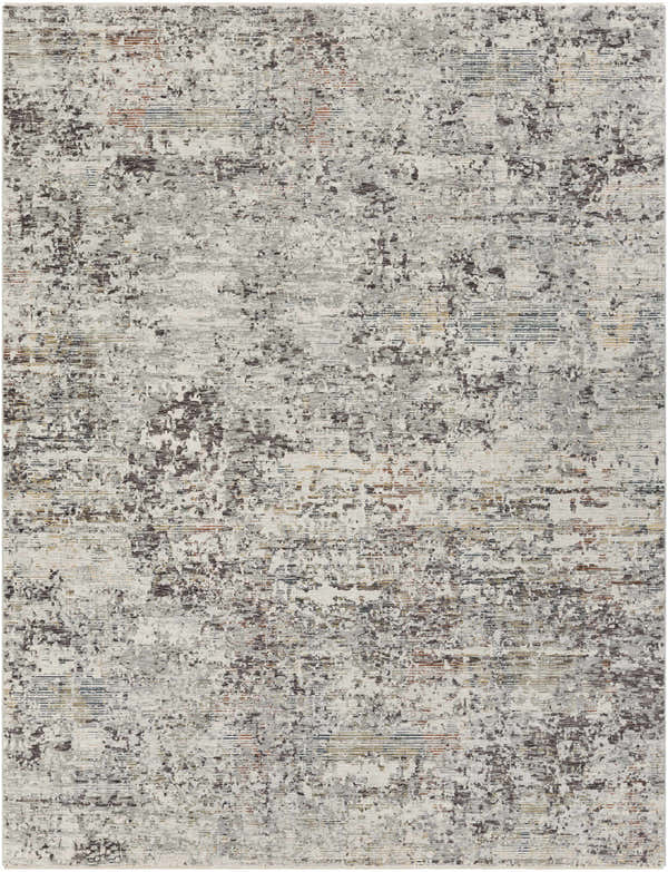 Close-up of the Riverhead Carved Statement Rug. Abstract design in ivory, gray, charcoal, and hints of blue, orange, and sage. Design-Rectangle-710103