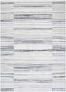 Close up of Rumer Luxe Rug, featuring a contemporary striped pattern in beige, black, cream, and white. Design-Rectangle-5373