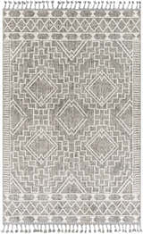 Reyn Area Rug, a machine woven rug with geometric pattern in dark gray, light gray, and smoke. Bohemian farmhouse style. Design-Rectangle-57
