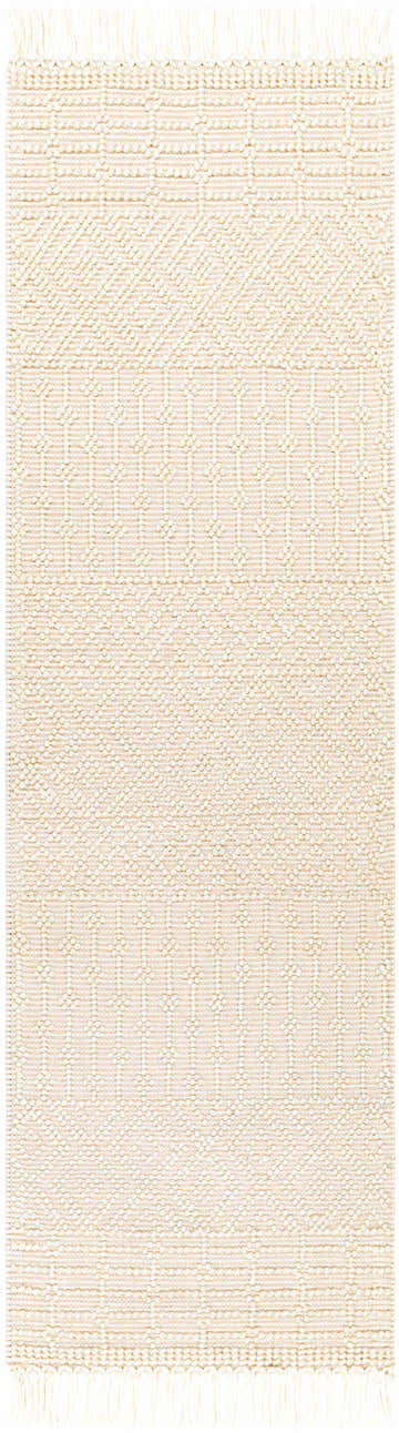 Close-up of the Ryne Area Rug in white thatch. Hand-woven rug with geometric patterns and fringe. Bohemian, farmhouse style. Design-Runner-268