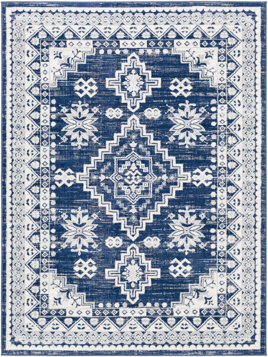 Ryton White&Blue Area Rug with a bohemian, oriental design. Machine woven polypropylene rug with a distressed look. Design-Rectangle-537