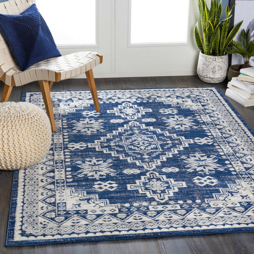 Living room scene with blue and white Ryton White&Blue Area Rug, chair, pouf, and plant. Bohemian style. Roomscene-Rectangle