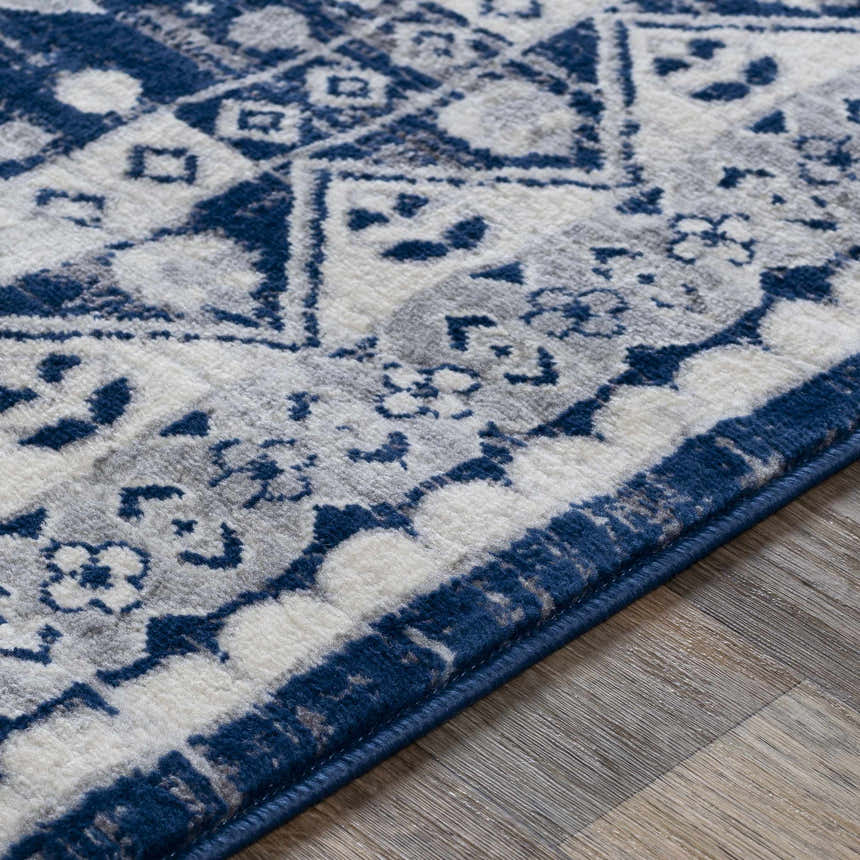 Close-up of the Ryton White&Blue Area Rug showing its blue border and intricate bohemian-inspired pattern. Texture