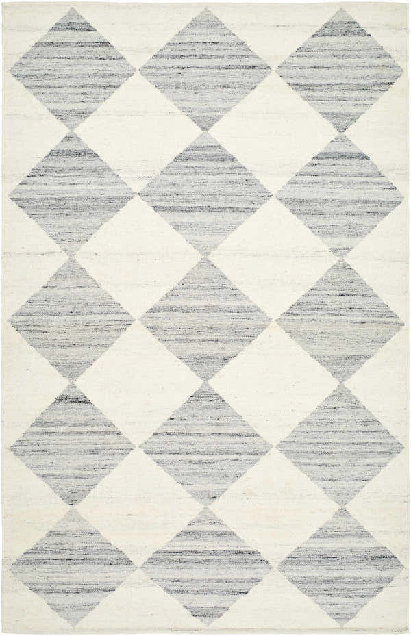 Close-up of the Rakin Pearl Area Rug. Features a diamond pattern in ivory and light silver. Hand woven wool and cotton texture. Design-Rectangle-576