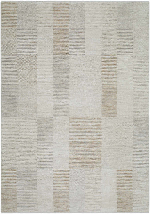 Close-up of the Radia Luxe Rug with a geometric block pattern in ash and silver gray tones. Design-Rectangle-57
