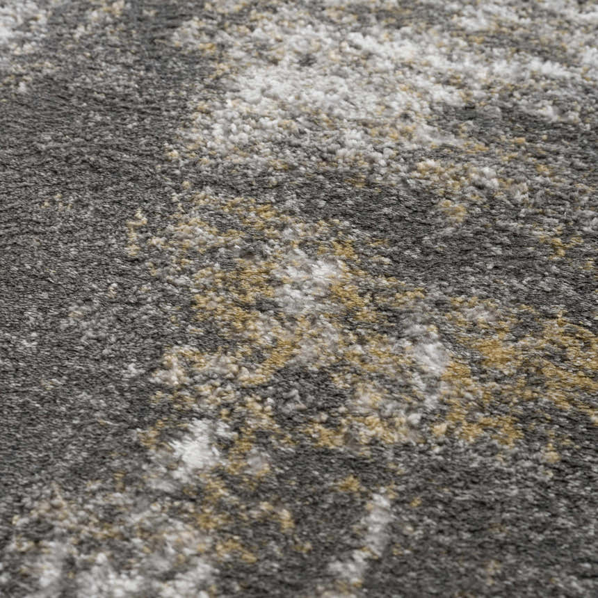 Close-up of the Liveree Abstract Area Rug, featuring light gray, medium gray, off white, and rust colors. Texture