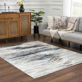 Living room scene with gray sofa, wood cabinet, and the colorful Liverpool Area Rug. Roomscene-Rectangle
