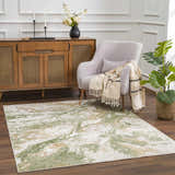 Living room scene with a Lively Marble Green Area Rug, gray chair, and wood cabinet. Roomscene-Rectangle