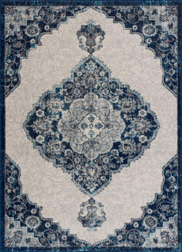 Close-up of the Istanbul Blue Area Rug. Features a traditional Persian-style design in ivory and navy. Design-Rectangle