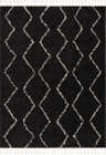 Close-up of the Ennis Area Rug. Charcoal shag rug with a light beige diamond pattern and tassels. Berber style. Design-Rectangle-23