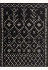 Close-up of Thetford Black Berber Shag Rug, featuring a charcoal base with light beige geometric patterns and fringe. Design-Rectangle-57