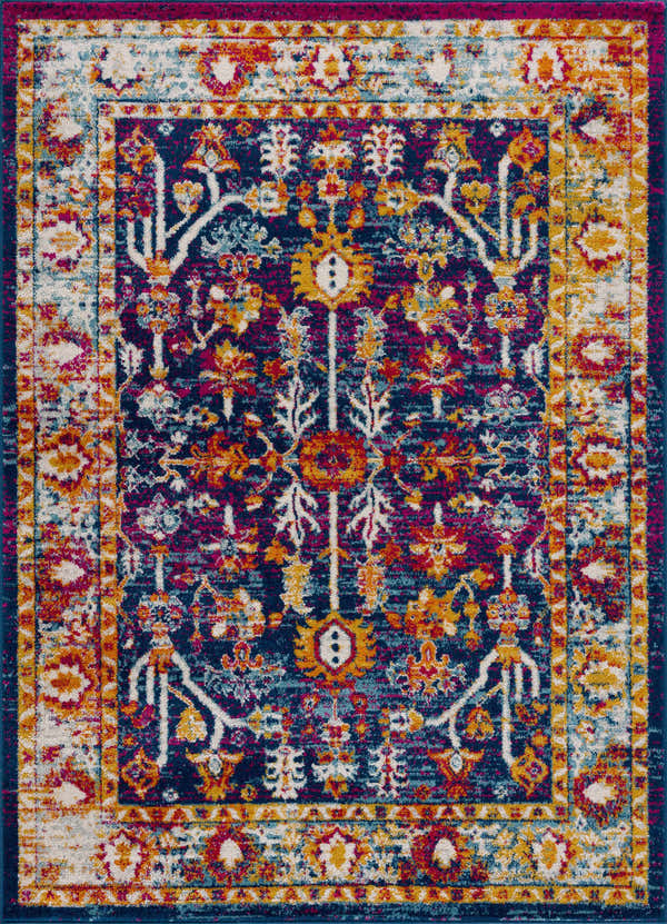 Close-up of Istanbul Vintage Navy Area Rug, featuring a traditional floral pattern in navy, ivory, gold, and red. Design-Rectangle-537