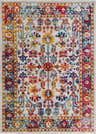 Close-up of the Istanbul Colorful Rug, a machine-woven rug with a traditional floral pattern in light blue, mustard, navy, and pink. Design-Rectangle