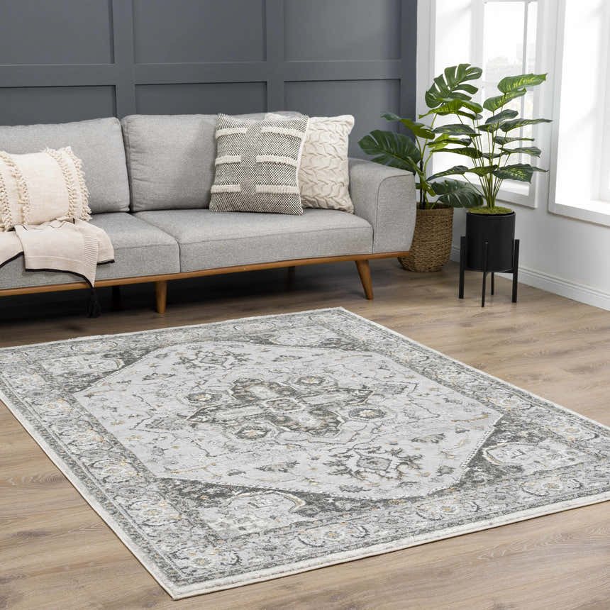 Living room scene with a light gray sofa and the Liverpool Light Gray Area Rug. Roomscene-Rectangle