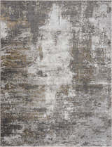 Close-up of the Liveree Abstract Area Rug, featuring a distressed pattern in light gray, medium gray, off white, and rust. Design-Rectangle-233