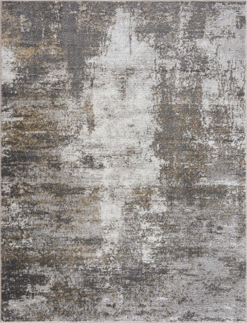 Close-up of the Liveree Abstract Area Rug, featuring a distressed pattern in light gray, medium gray, off white, and rust. Design-Rectangle-233